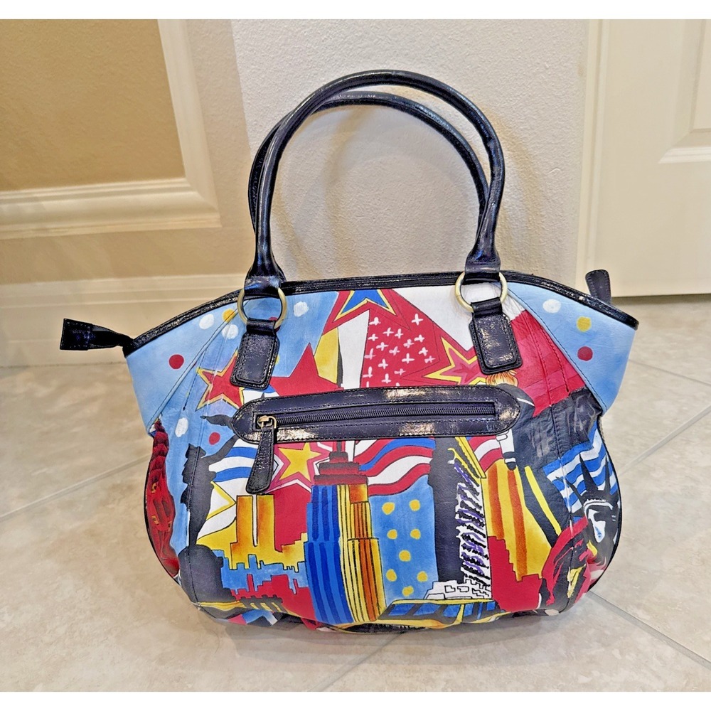 Sharif Artistic Expressions Hand Painted Genuine Leather Handbag Purse NYC Scape - Picture 2 of 12